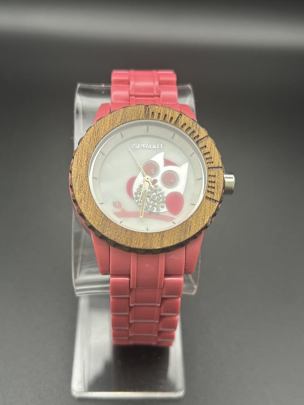 Sprout Pink Owl Watch Womens Crystal Dial Eco Friendly Corn Resin New Battery